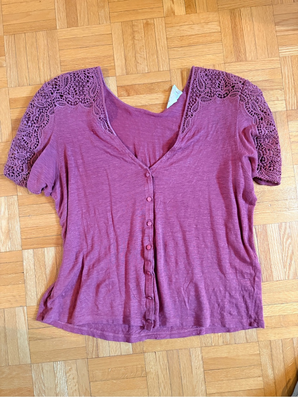 Sezane PINK Lace-Shoulder Button Front Top - Picture 3 of 5
